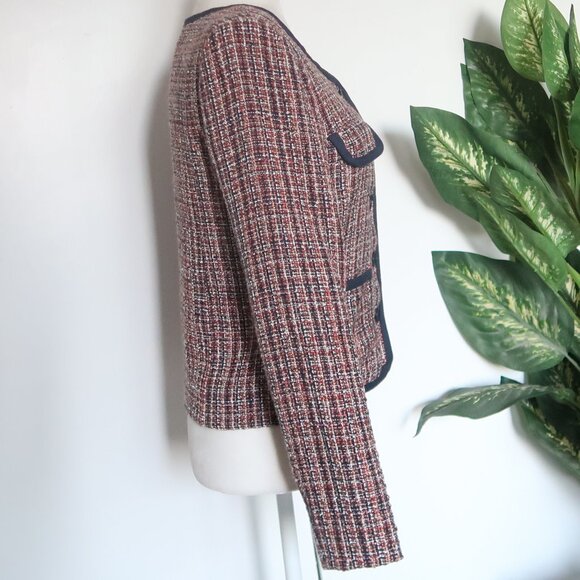 Soaked in Luxury Navy & Tan Tweed Blazer Bouclé Cropped Shoulder Pad Jacket Sz 6 - Picture 7 of 16